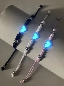 3-Piece Glow-In-The-Dark Heart Bracelet Set, Cute Handmade Woven Friendship Gift, Perfect for Loved Ones, Unique Handcrafted Jewelry
