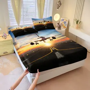 Sunset Airplane Takeoff Printed Fitted Sheet Set,Includes 1 Fitted Sheet & 2 Pillowcases without Filler,The dynamic motion of flight combined with the gentle hues of twilight,Perfect for aviation enthusiasts,This is a wonderful bedding set.