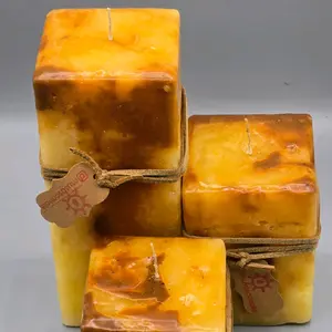 Handmade Square pillars candles Set Of 3 ,Strawberry And Guava Essence 3"x3 X 7/4/3 inches. Tan  and brown, paraffin wax
