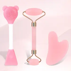 3PCS Facial Beauty Tool, Including Double Headed Roller Massager+heart-shaped Scraping Board - Pink, Double Headed Silicone Face Wash Mud Film Brush, Facial Scraper, Eye Massage And Lifting Delicate Artifact, Suitable For Men And Women