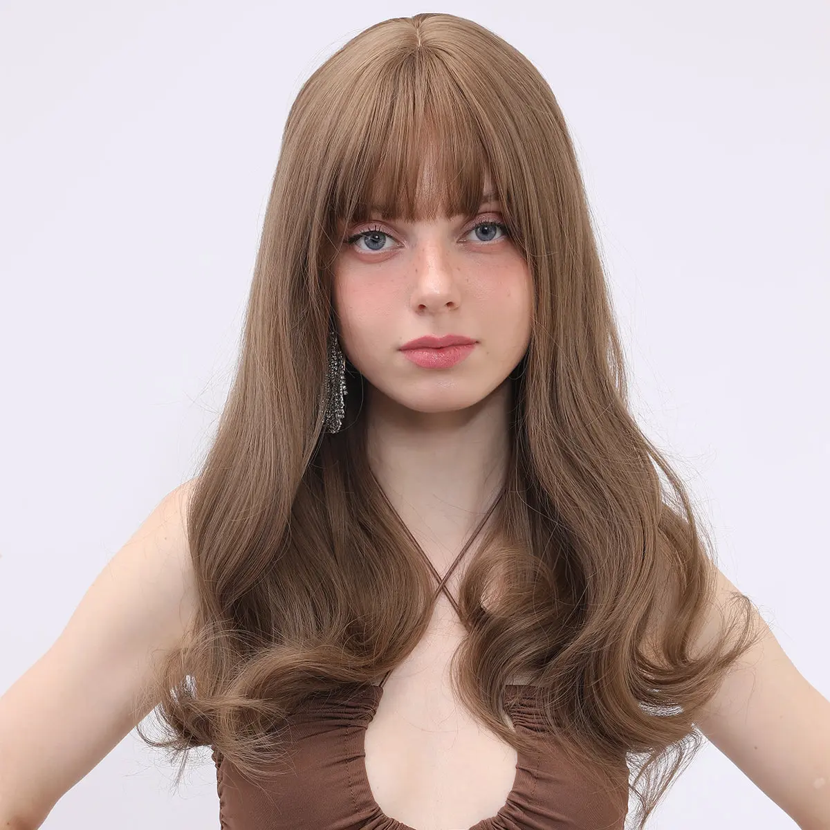 SMILCO/20-inch Light Brown Loose Wavy with Bangs Synthetic Wigs Heat Resistant/SM8012-2