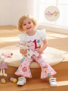 Baby Girls' Easter Set, Special Gift Set, Cute Cartoon Rabbit & Egg Design Short Sleeve Romper & Bell Bottoms, Bow Headband Included