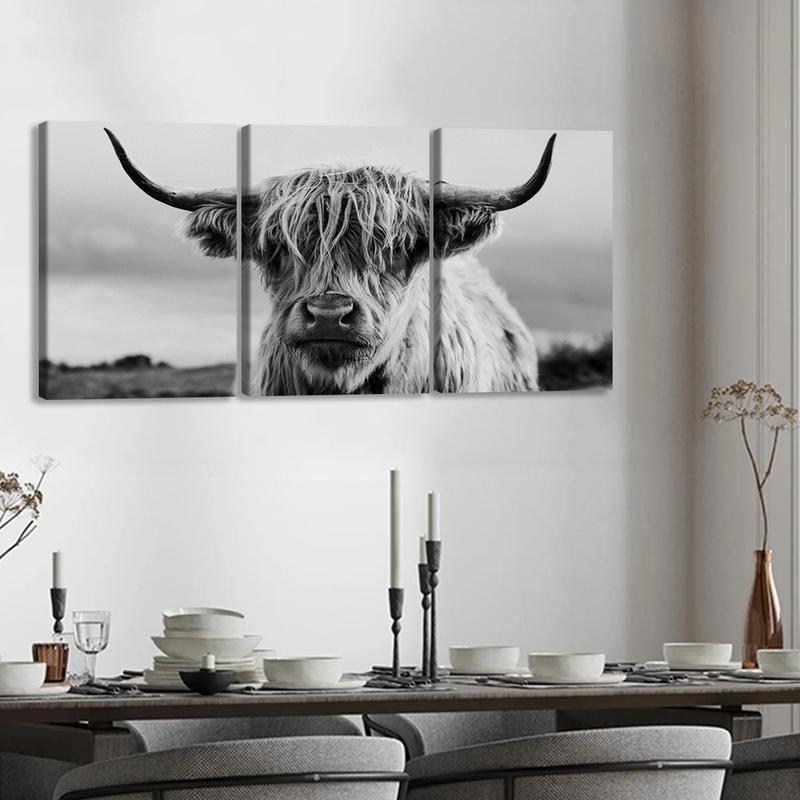 3Pcs Wooden Framed Canvas Painting, Black And White Highland Cow Portrait, Exquisite Poster, Home Decoration, Pattern Wall Art Decor, For Living Room, Bedroom, Office, Restaurant, Bar Wall Decor, Odorless, Painting, Print Artwork.
