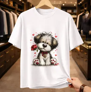 Cute Dog with Red Rose Graphic T-Shirt - Fluffy Puppy & Hearts Tee, Aesthetic Pet Lover Gift, Romantic Watercolor Dog Print, Soft White Cotton Short Sleeve Top