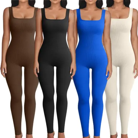 Female Ribbed Tank Top Style Nylon Blend Bodycon Sports Jumpsuit - Regular Size, Sleeveless, Stretchable Activewear, Ribbed Tank Adds Edge, Fitness Sport Outfits, Workout Gym Clothing