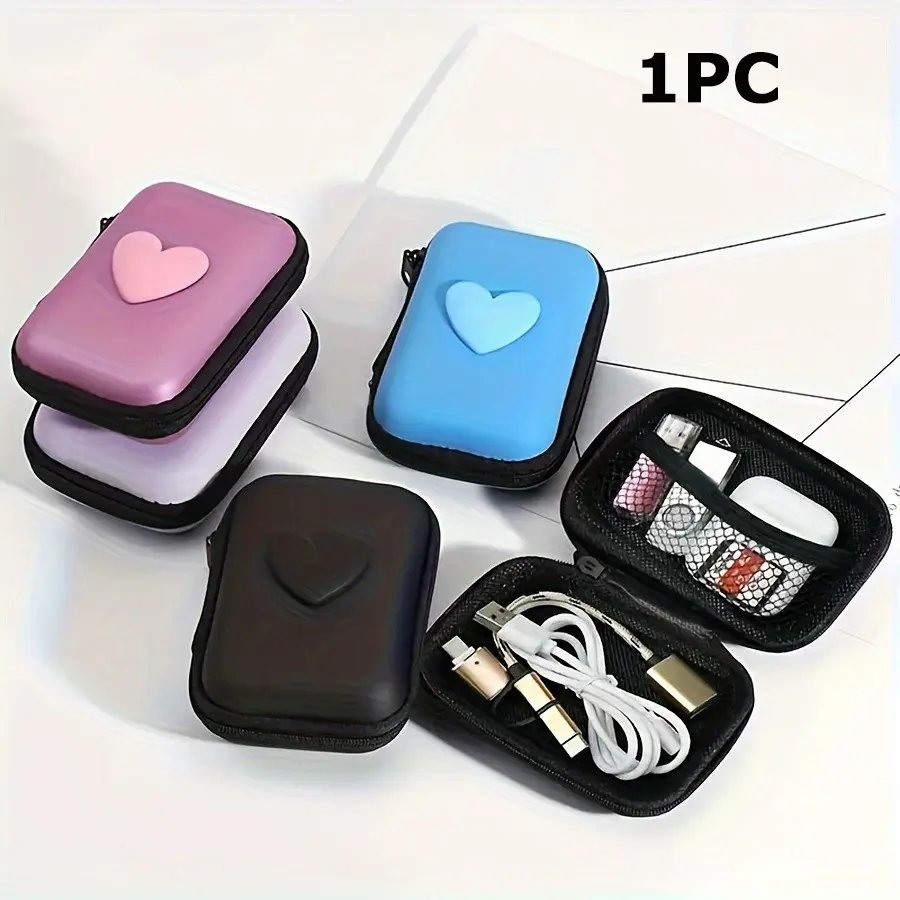 1 Piece,Multifunctional Data Cable Charger Organizer Box, Shockproof Eva Earphone Earbuds Storage Bag, Heart Design, Protective Packaging