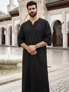 Moroccan Traditional Men's V-Neck Embroidered Robe, Loose-Fit All-Season Clothing, Ideal for Eid and Gift-Giving