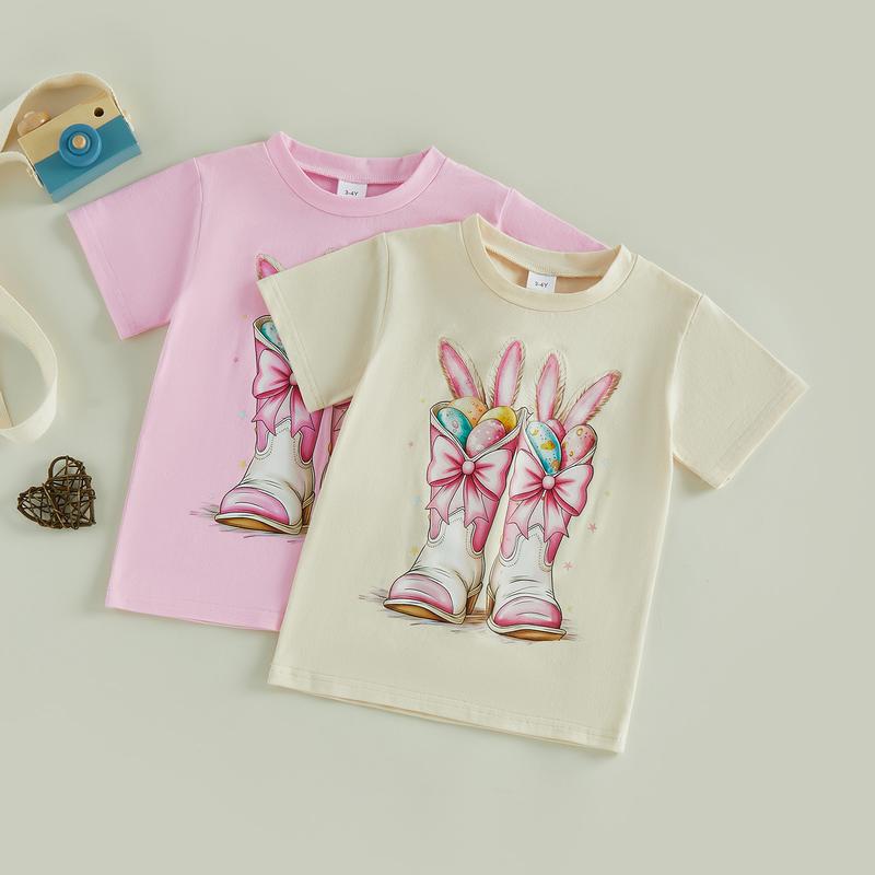 PYBCVRRD Kids Baby Little Girls Easter Shirts Short Sleeve Crew Neck Bunny Ears Boots Print Casual Summer Tops T shirt 1-6 Years
