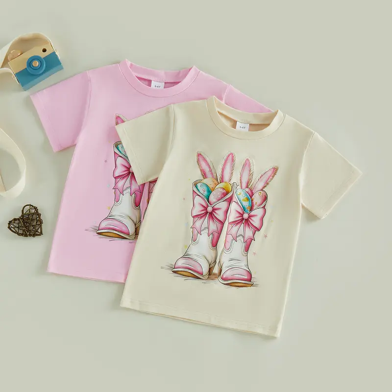 PYBCVRRD Kids Baby Little Girls Easter Shirts Short Sleeve Crew Neck Bunny Ears Boots Print Casual Summer Tops T shirt 1-6 Years