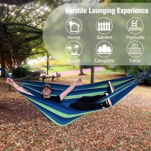 Brazilian Double Extended Nylon Hammock with Hanging Rope and Storage Bag, Blue and Red Stripes, Suitable for Camping, Travel, Hiking, Home, Garden, and Poolside Use Outdoor Hammock