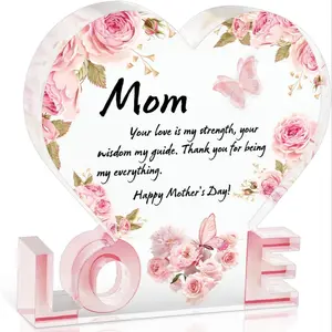 Heart Shaped Acrylic Keepsake, Flower Pattern Acrylic Ornament, Mom Gift, Unique Present for Mother's Day, Birthdays, Christmas, Decor, Acrylic Plaque Decor