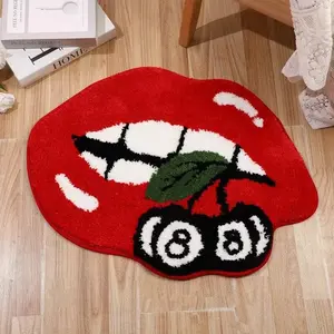 Sweet and cool red lip cherry shaped carpet with red and black contrasting plush floor mat, bedroom bedside anti slip and absorbent foot mat, entrance entrance dust removal and easy maintenance door mat, Bedroom Rugs, suitable for ins style