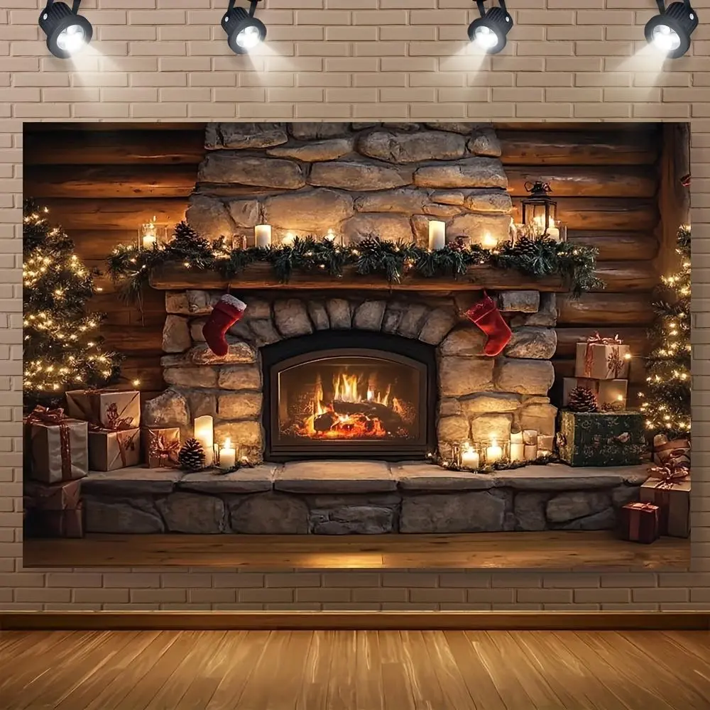 1pc Rustic Stone Fireplace Backdrop Decoration - 1-Piece Polyester Fabric Home & Party Accessory with Flickering Candles, Realistic Print, Glowing Embers, Party Light, Durable Wall Ornament for Christmas, Weddings (Single Piece Makes Setup Simple)