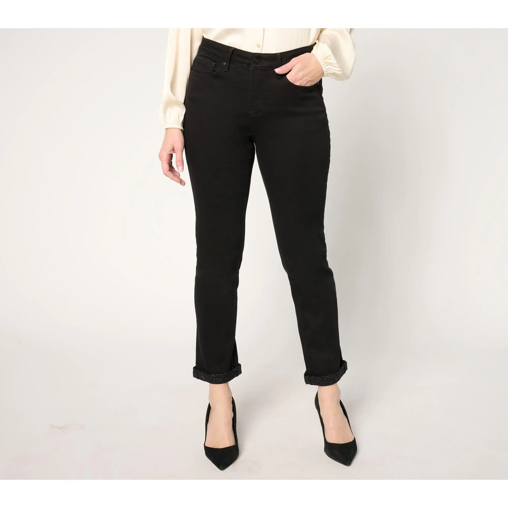 NYDJ Sheri Slim High Rise Fashion Jean w/ Cheetah Cuff - Black Rinse