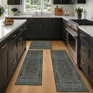 Set of 3 Black Green Kitchen Rugs, Washable Non-Slip Floor Mats with Runner, Low Pile Vintage Botanical Floor Covering for Entryway Bathroom Hallway Laundry Room