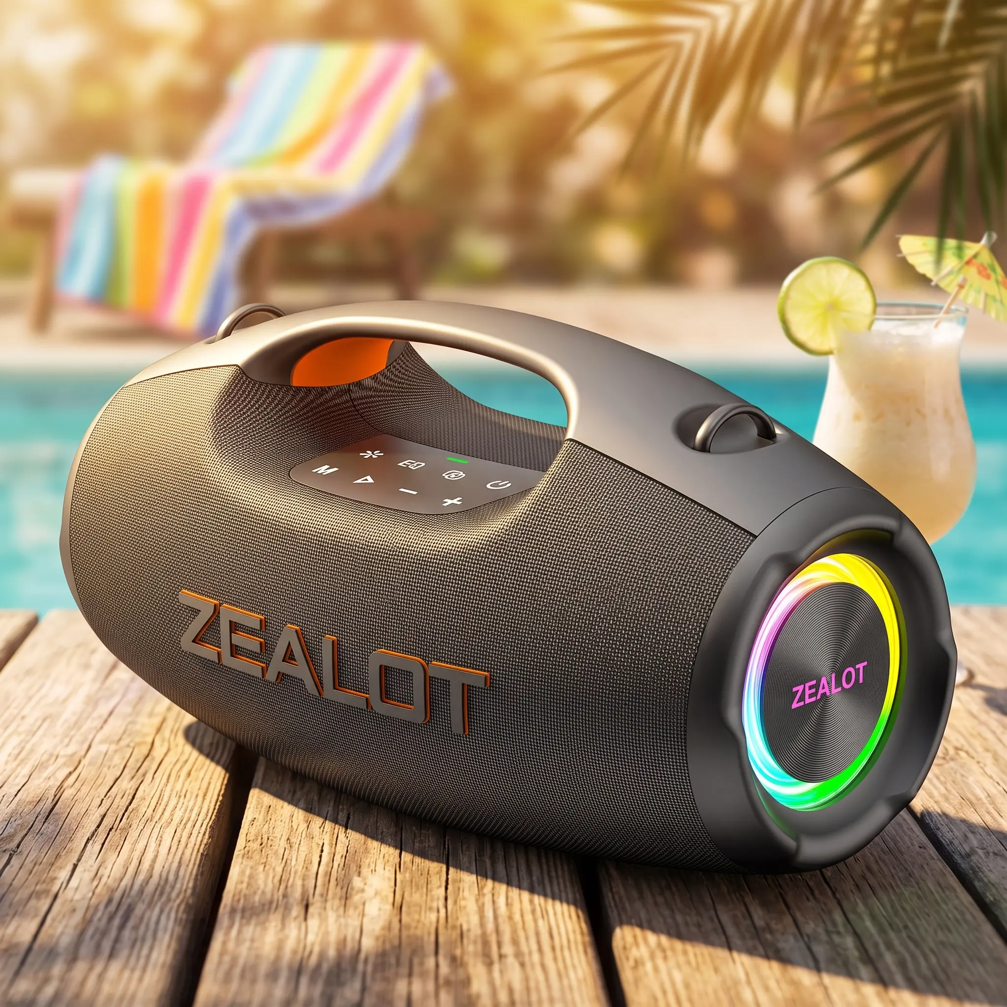 【ZEALOTs 100W Maximum Power】 Compact Outdoor Wireless Speaker - IPX6 Waterproof, RGB Lights, Deep Bass, 16000mAh Power Bank Charging Device, Audios Sound System for Summer Pool Parties, Camping, Speakers, Bluetooth Speaker