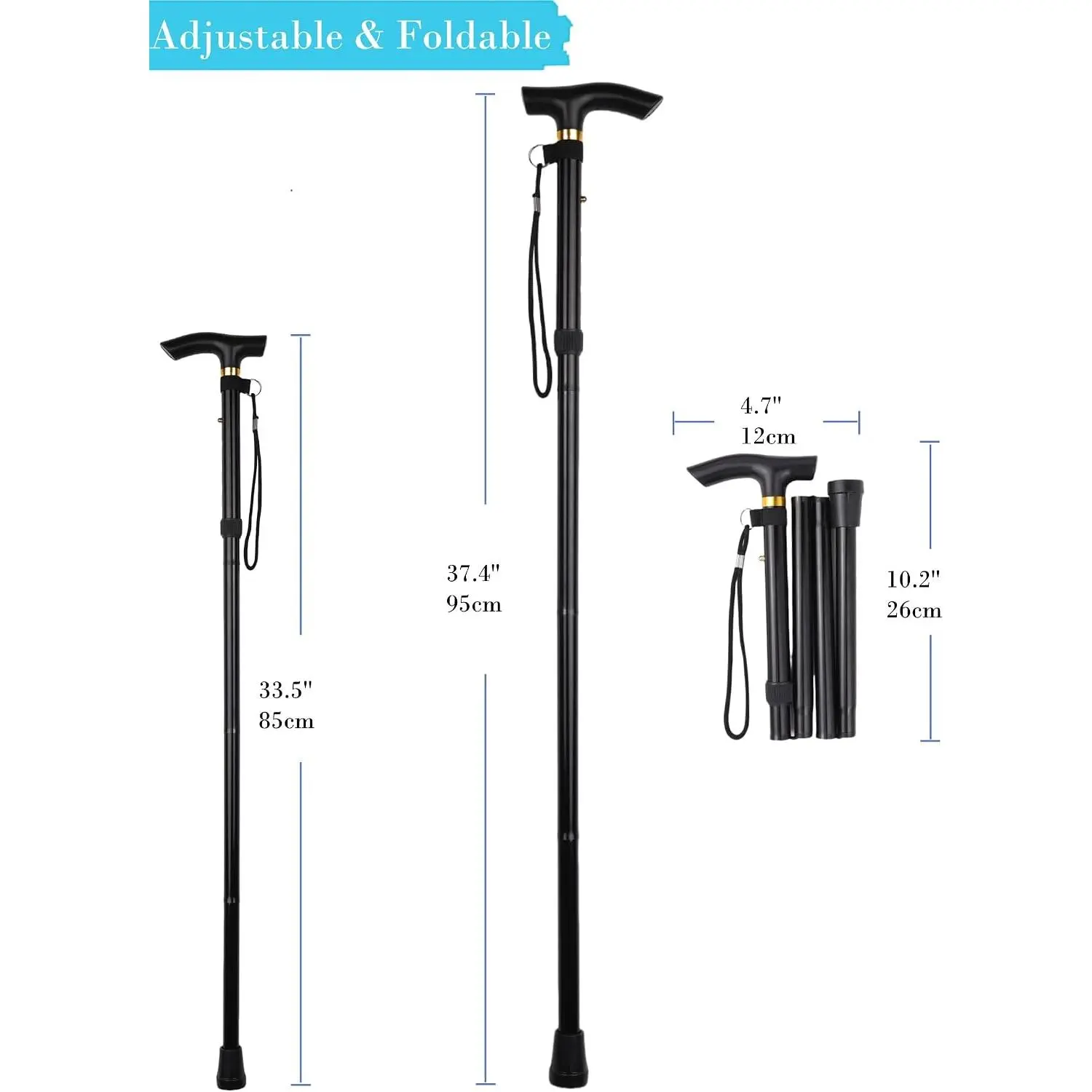 Folding Lightweight Walking Stick - Adjustable Aluminum Metal Collapsible Travel Cane with Non-Slip Rubber Base,Outdoor Trekking Pole, Elderly,Travel,durable walking stick,bordones para caminar Foldable Hiking Stick,foldable walking cane,Cane,rubber bases