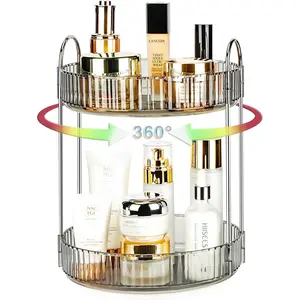 360 Rotating 2 Tier Lazy Susan Makeup Organizer Bathroom Countertop Skincare Spinning Perfume Vanity Organizer Classic Grey