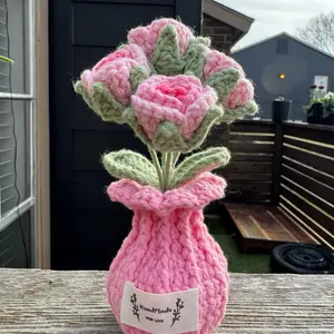 Handmade Crochet 4-Headed Rose Pot Realistic Four Tulip Heads Sturdy Structure Premium Yarn Home Décor Office Gift 100% Handmade in Texas
