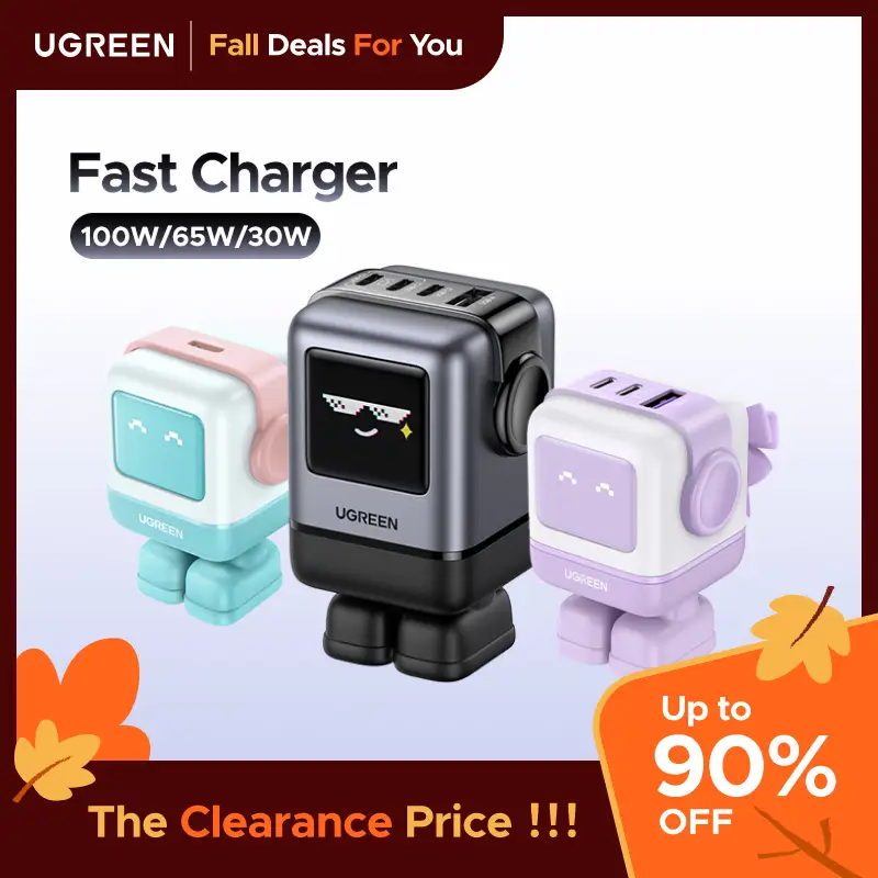 UGREEN Uno 100W/65W/30W/USB C Charger 3/4-Port Robot GaN Fast Charger PPS PD3.0 for iPhone 17 16 15 14 Pro Max, Galaxy S24/S23 Ultra, Fast Charge for