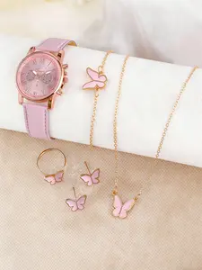 Cute Leather Strap Quartz Watch Set, Includes Butterfly Necklace Bracelet Ring Earrings, Round Dial Pointer Display, Daily Wear