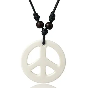 White Peace Symbol Resin Pendant Necklace with Adjustable Black Cord 17-30 Inches Length 1.5 Inches Long 1 Ounce Weight Custom Made Jewelry
