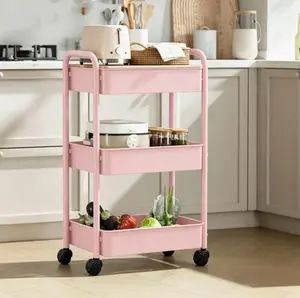 3-tier rolling storage cart, pink utility cart with wheels, mobile organizer for kitchen, bathroom, living room, office, multifunctional trolley with easy assembly