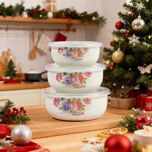 3pcs Handmade Enamel Multi-Functional Food Storage Bowls, Sealed Lid Preserving Bowls, Kitchenware for Home Dining Outdoor Camping, Bowl with Lid
