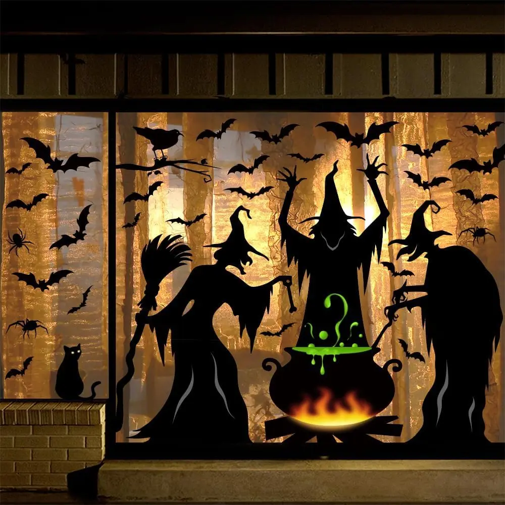 Halloween Decorations Window Clings Decor,  3 Witches with Black  Bat Spider Cauldron Silhouette Halloween Window Stickers Indoor, School  Office Party Supplies 4 Sheets