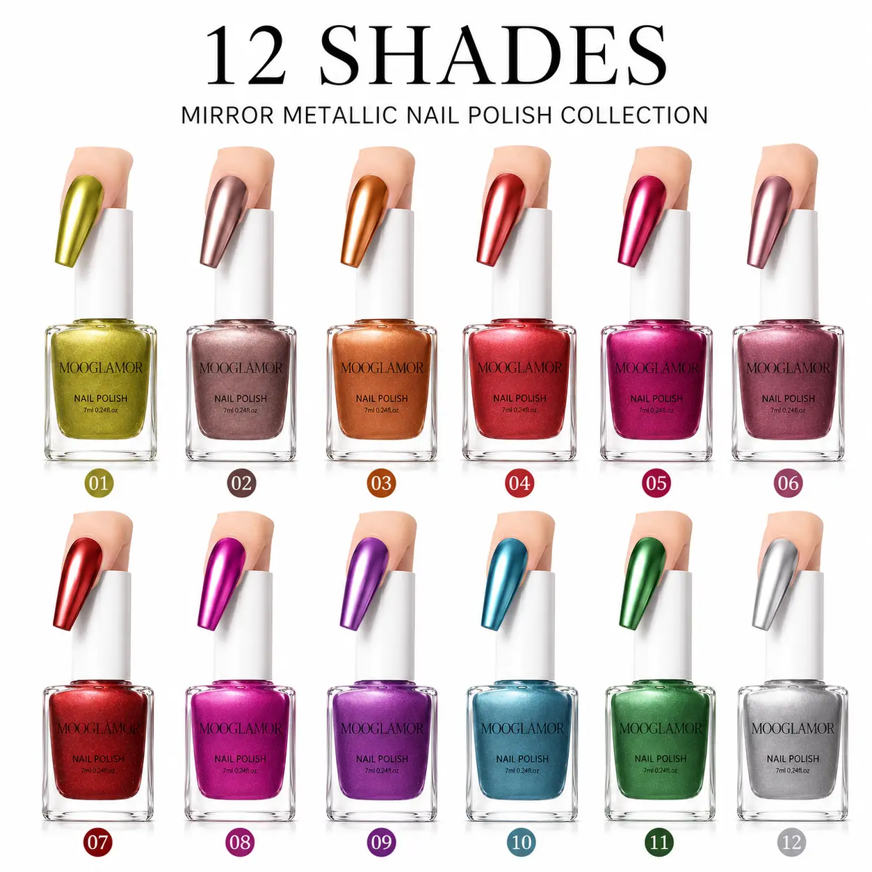 MOOGLAMOR 12 Color Mirror Chrome Nail Polish Kit, Smooth Quick Air Dry Metallic Lacquer Set for Easy At-Home Nail Art, Brush, Coverage, Storage, Lightweight, Daily, Beauty Products, Manicure, Nail Care