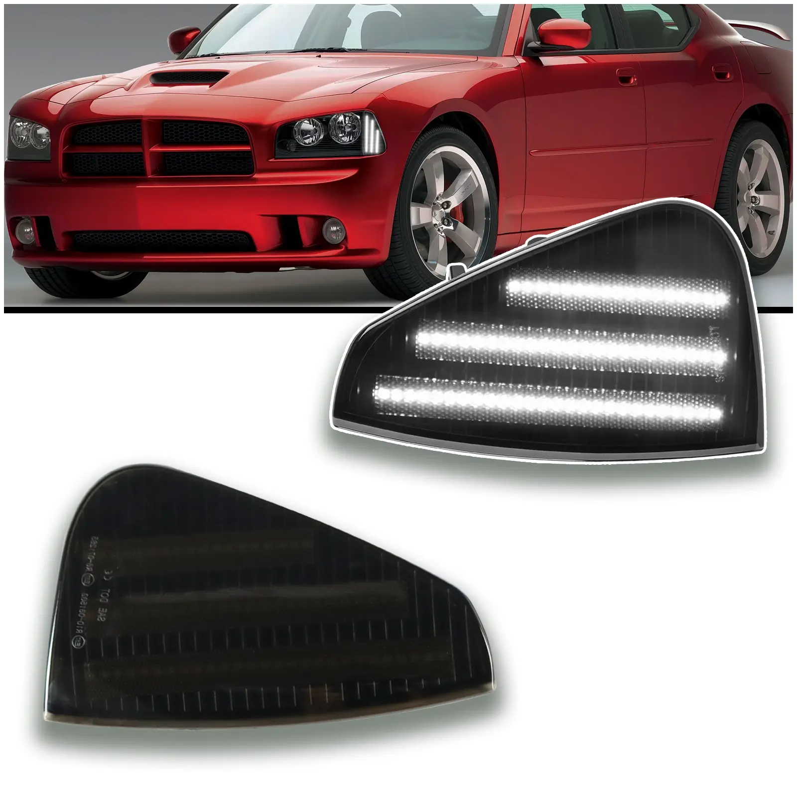 Smoked LED Front Corner Side Marker Lights for 2006-2010 Dodge Charger (Daytona/ SE/ R/T/ SRT8/ SXT) - White LED Turn Signals | Direct Fit Replacement (2-Piece Set) | OEM Plug & Play Installation