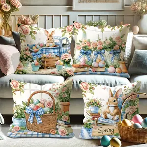 Easter Egg Rabbit Flower Print Pillow Covers Set, 4pcs 45x45cm, Hidden Zipper, Indoor Outdoor Decor, Living Room Bedroom Sofa Car Decoration, Easter Celebrations