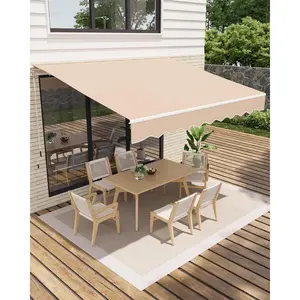 12'x10' Retractable Awning, Waterproof Patio Awning, Sun Shade Awning with Manual Crank Handle, Aluminum Frame, 280 g/㎡ Polyester Fabric, for Deck, Porch, Balcony, Beige