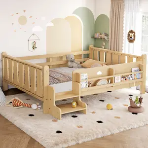 Full Size Floor Bed with Storage Bookcases, Solid Wood Kids Floor Bed with Cute Stairs and Guardrails, No Box Spring Needed, Light Natural