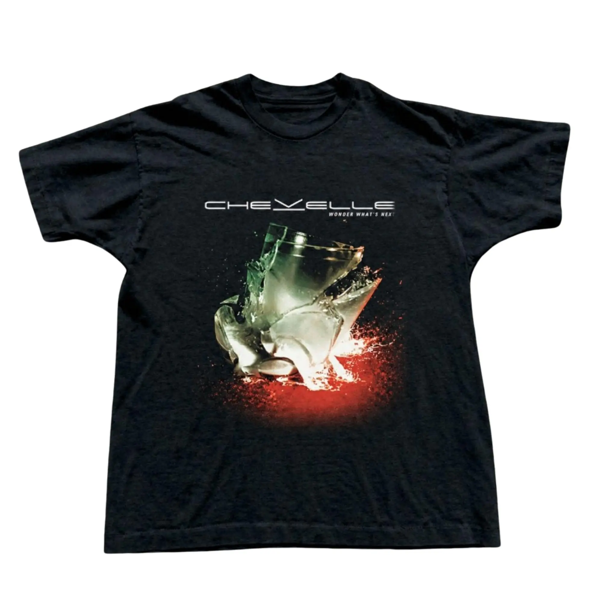 Chevelle Graphic T-Shirt, Distressed Shattered Glass Artwork with Red Splatter Backdrop, Unisex Black Heavyweight Streetwear Tee, Y2K Rock Band Outfit