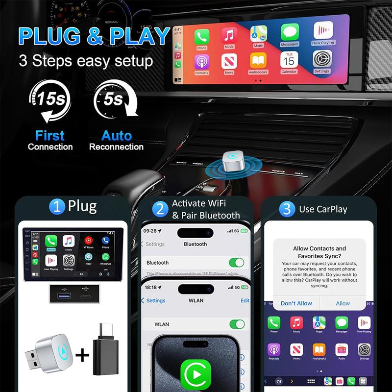 【YURNLV】2026 New Mini  Original CarPlay Wireless Adapter, Instant Auto-Connect, StableTransmission，Zero Delay, Hands-Free Calling, Plug-and-Play for iPhone/Android