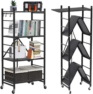 4 Tier Storage Shelves, Metal Folding Pantry Shelf, No Assembly Collapsible Shelving Unit with Wheels, Heavy Duty Closet Shelves Organizer, Basement, Kitchen Storage Shelf (Black, 4 Tier)
