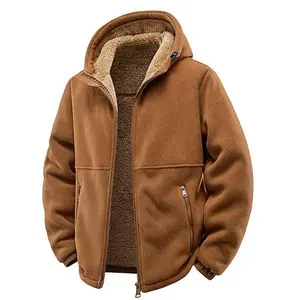 Men's Brown Fleece Jacket - Sherpa Lined Hooded Full Zip Up Outdoor Winter Fall Casual Warm CoatwOIx