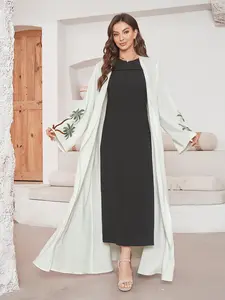 Women's Coconut Tree Embroidery Open Front Abaya, Modesty Abaya, Modest Fashion Long Sleeve Muslim Clothing for Daily Wear, Ladies Islamic Clothing for All Seasons, Plant Pattern, Modest Muslim Outfits