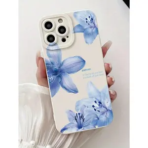 1pc Perforated Straight Edge Pink & Blue Floral Painted Thick Anti-Drop Phone Case Suitable For IPhone17/IPhone17 Air/IPhone17 Pro/IPhone17 Pro Max/16 Pro Max/15 Pro Max/14 Pro Max/13 Pro Max/12 Pro Max