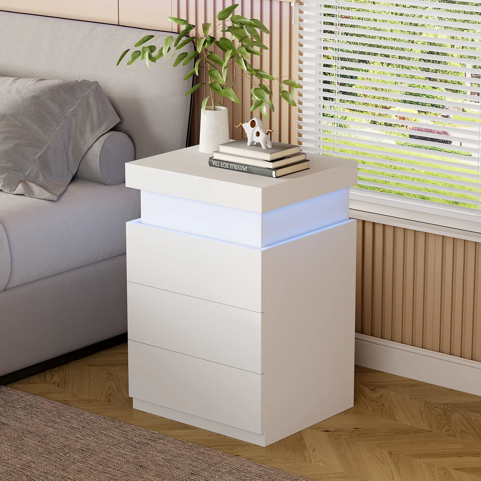 RGB LED Light Nightstand with 3 Drawers, Sliding Tabletop Bedside Cabinet with Charging Station & Hidden Storage Compartment, Modern Wooden Night Stand for Bedroom