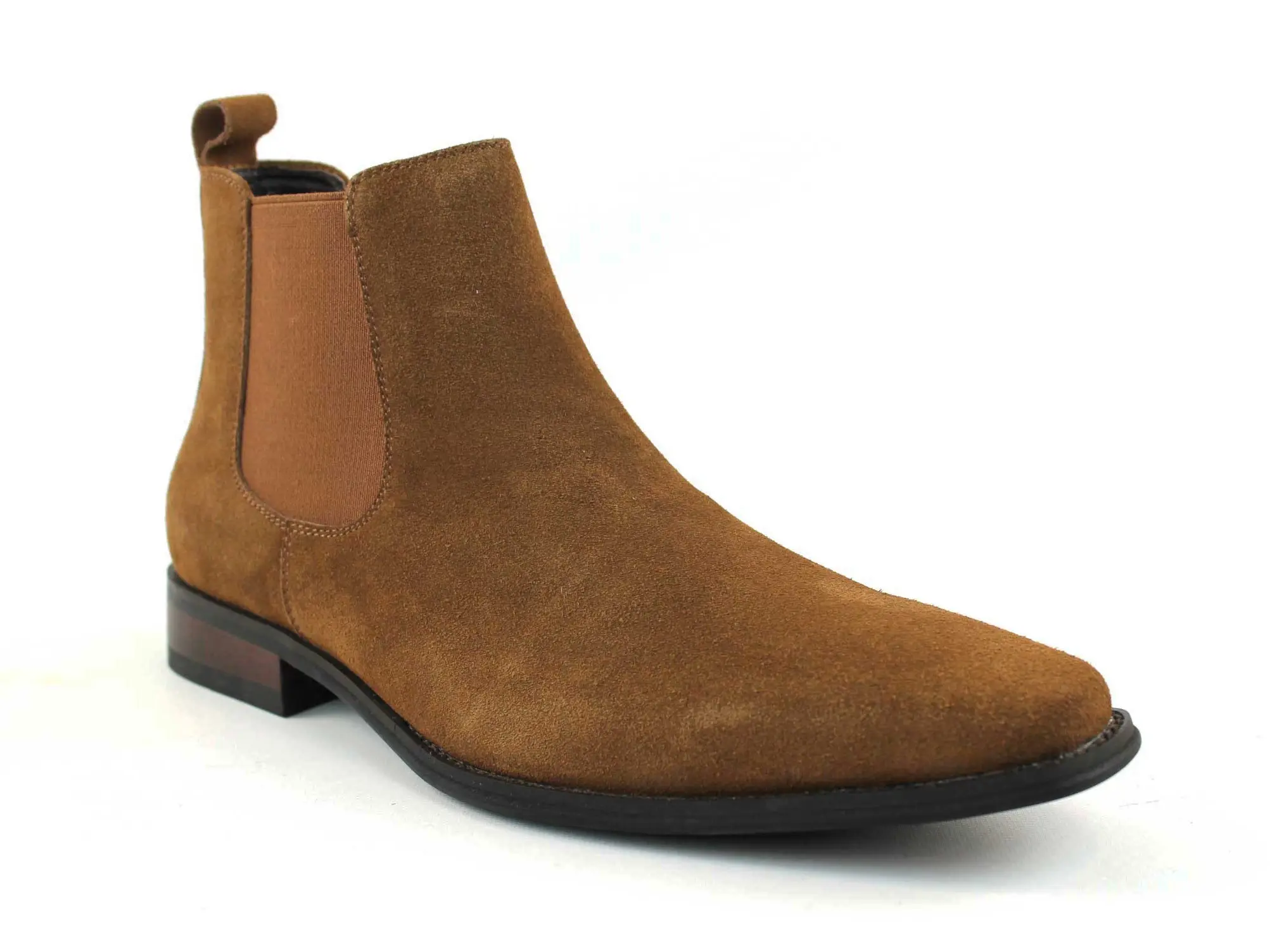 Men's Real Suede Cognac Chelsea Boots Ankle High Pull On Round Toe Slip Resistant Block Heel AZARMAN