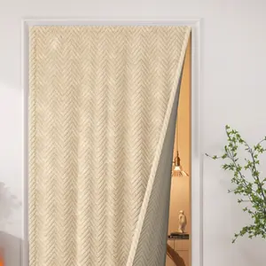 Winter Thick Insulated Door Curtain, Dual-Sided Zigzag Chevron Pattern Windproof Thermal Insulation, Self-Adhesive No Drilling Soundproof Dustproof Home Use