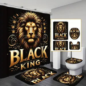 4-Piece Polyester Lion Pattern Bathroom Curtain Set - Stylish Home Bathroom Decor & Accessories with 12 Hooks, U-Shaped Bath Mat, Toilet Cover, Abstract Modern Design, Four Pieces