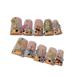 Short Duckbill French Nails L246 - 3D Leopard Carving, Handmade Craft, Detachable Reusable Solid Form, Easy-to-Apply Beauty Products for Nail Care Decoration