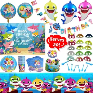 Shark party supplies set124 piece shark themed birthday decorationsincludes disposablereusable tableware kit 3x5 photo backdrop shark party masks and balloonsserves 20 guests