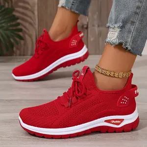 Women's Red Knit Mesh Sneakers |   Stylish Lace-Up Casual Sports Shoes with Breathable Fabric & Chunky Sole – Trendy Daily Walking Footwear