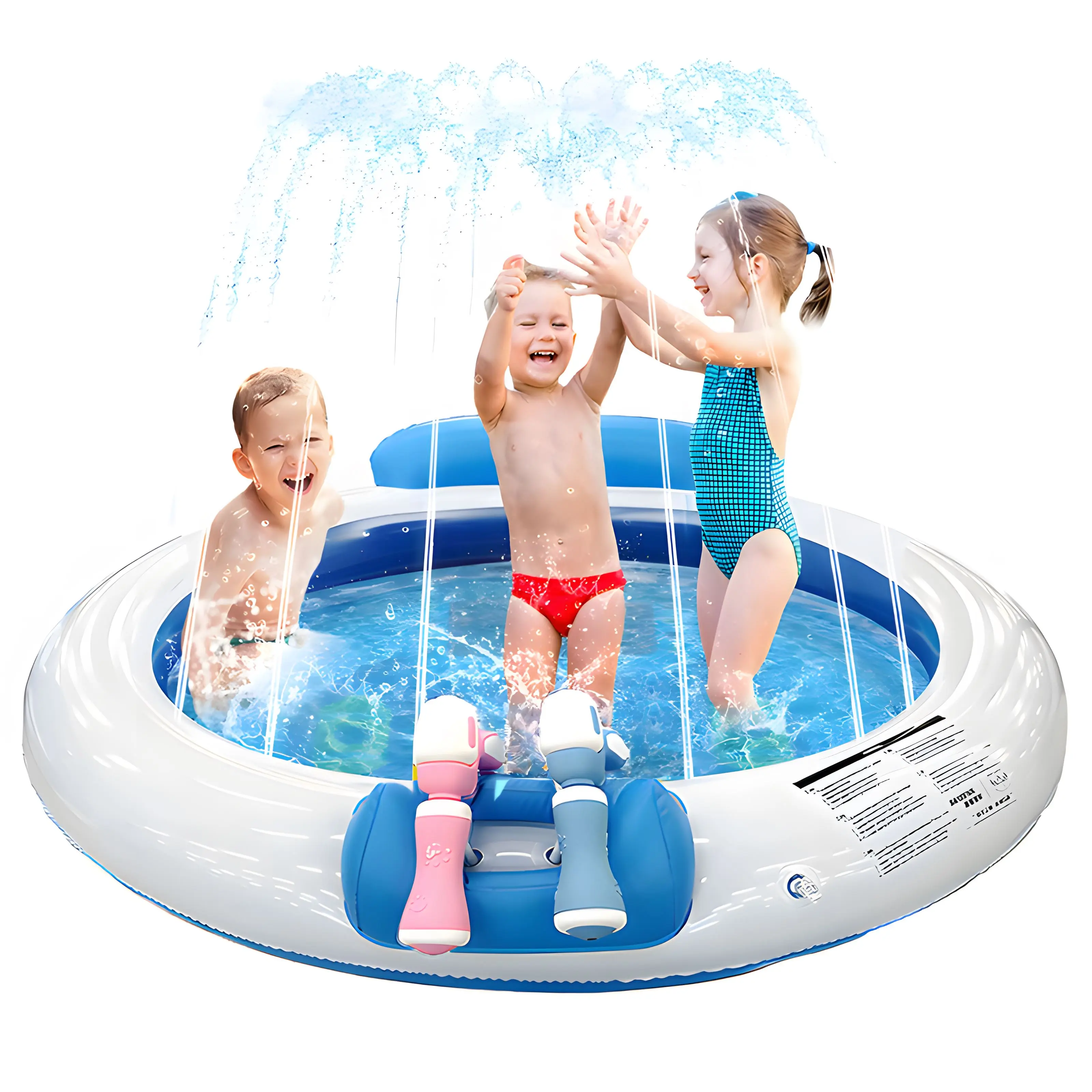51-inch inflatable splash pad with low/medium/high water pressure adjustable spray heights, drain outlet, mouth-inflatable, foldable for carry, for backyard kids play, beach family day, bathroom toddler water play, indoor party.