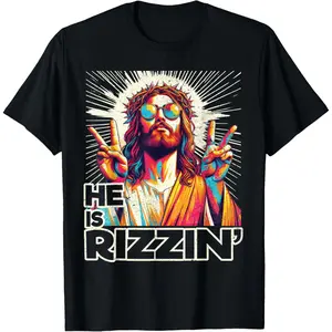 Streetwear Casual Shortsleeve Round Neck Cotton Graphic Tees  Retro He is Rizzin Funny Jesus Has Rizzen Easter Christian T-Shirt
