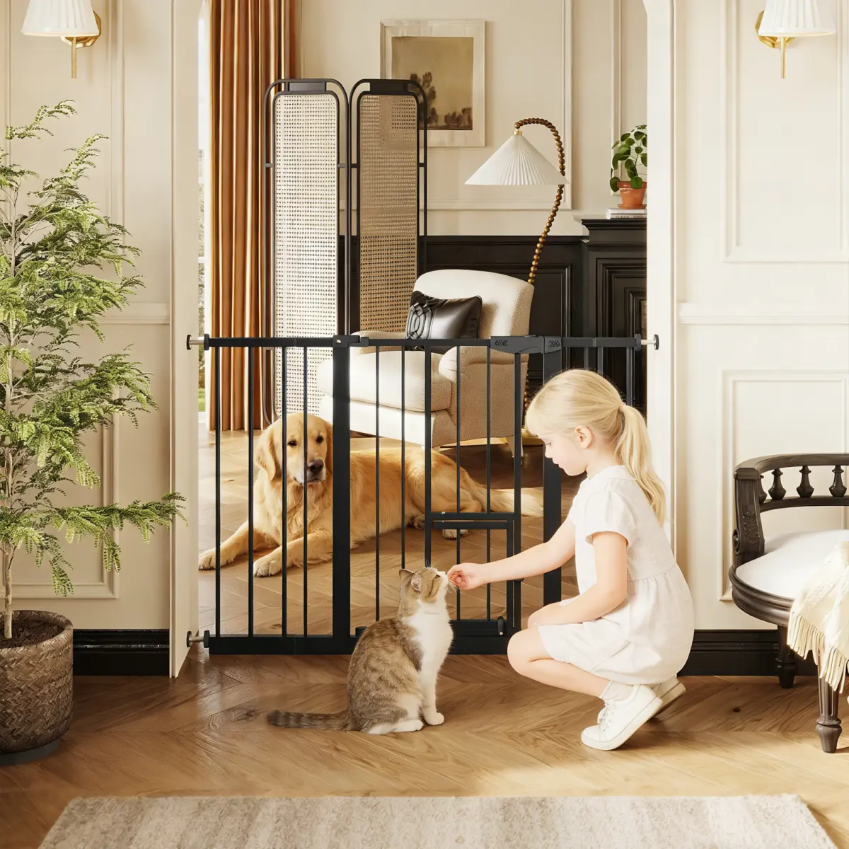 Baby Gate with Cat Door 29 5 to 44 1 Inch Metal Pet Gate for Stairs Doorways Pressure Mounted No Tools Needed Black